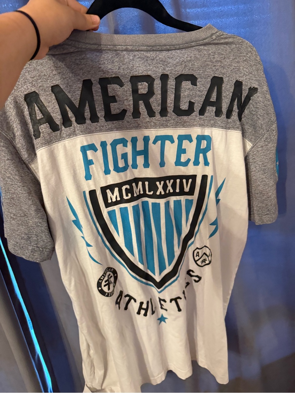 American Fighter Graphic Tee in Gray, White & Blue
